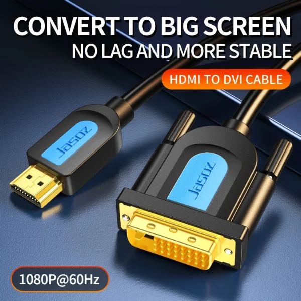 Cáp chuyển HDMI sang DVI Jasoz T-A133 kết nối PC ra màn hình lớn, TV — hiển thị Full HD 1080P @60Hz ổn định, không lag, không nháy hình nhờ 3 lớp chống nhiễu.