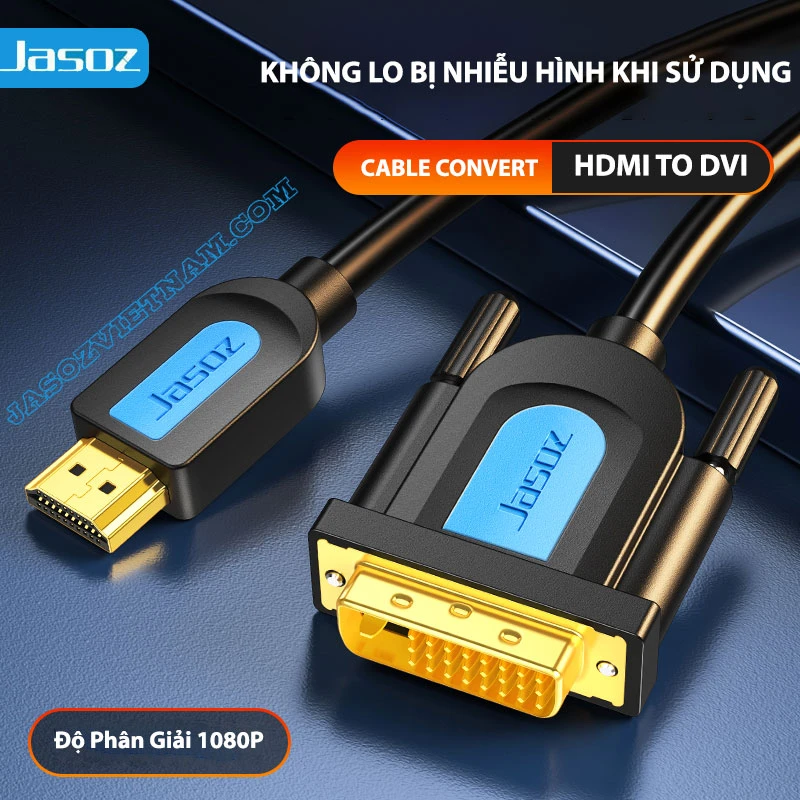 Cáp chuyển đổi 2 chiều HDMI sang DVI Jasoz A105, hỗ trợ Full HD 1080P 60Hz, đầu DVI-D mạ vàng và đầu HDMI mạ vàng