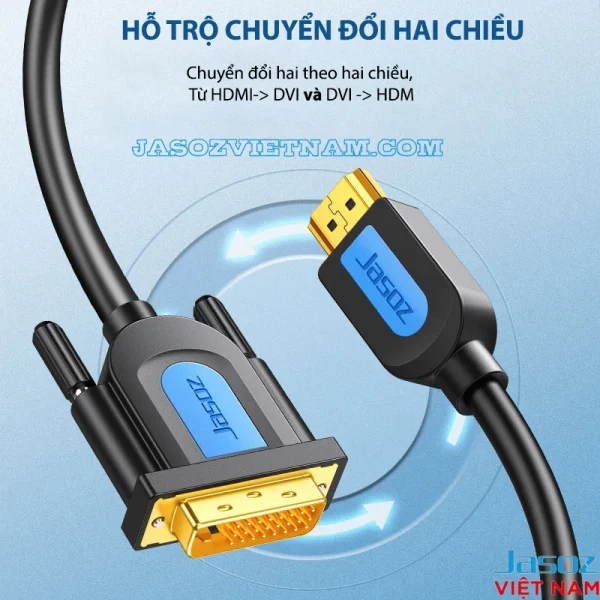Cáp Jasoz A105 hỗ trợ chuyển đổi tín hiệu 2 chiều từ HDMI sang DVI và từ DVI sang HDMI, đầu mạ vàng
