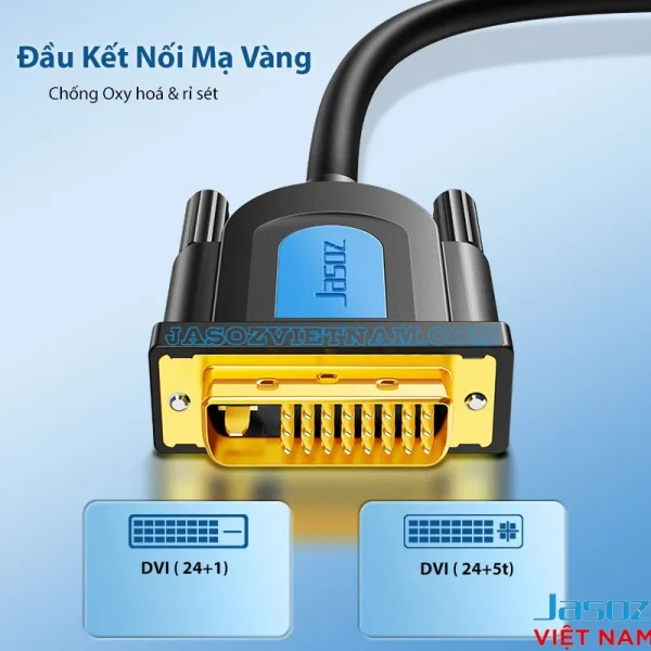 Đầu nối DVI mạ vàng chống oxy hóa của cáp Jasoz A105, tương thích cả DVI-D 24+1 và DVI-I 24+5