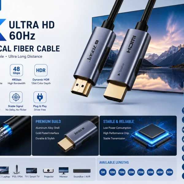Cáp HDMI 2.1 Sợi Quang 10M Jasoz T-A430 Đầu Cáp Mạ Vàng Chống Oxy Hoá.Hỗ Trợ 8K@60Hz, 4K@240Hz, 48Gbps, eARC 1 Cáp HDMI 2.1 sợi quang Jasoz A147 — banner 8K Ultra HD 60Hz, 4K@240Hz, 48Gbps, Dynamic HDR, eARC 30m, Dolby Atmos, OM3 fiber, các chiều dài 5M-50M