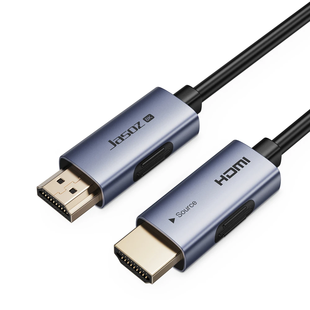 Cáp HDMI 2.1 Sợi Quang Jasoz A147 — Đầu Mạ Vàng 8K Fiber Optic Cáp HDMI 2.1 sợi quang Jasoz A147 — đầu cáp mạ vàng chống oxy hóa, vỏ aluminum, directional Source/Display, hỗ trợ 8K@60Hz, 4K@240Hz, 48Gbps, eARC Dolby Atmos