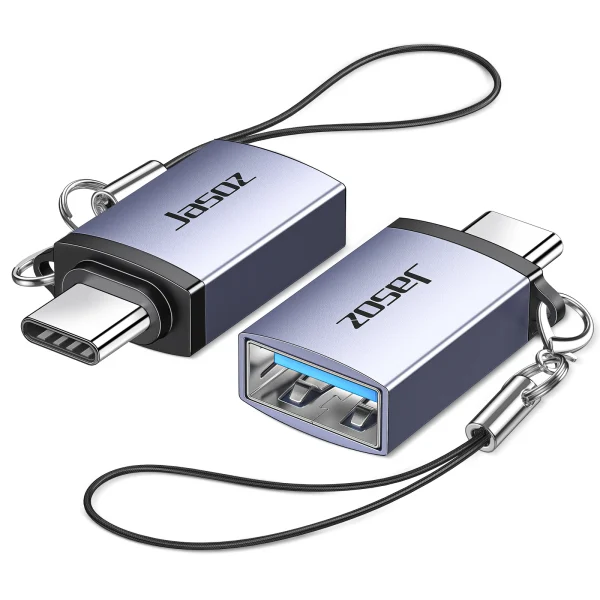 Đầu chuyển Type-C sang USB 3.0 Jasoz T-G163 vỏ nhôm xám có móc treo dây nylon — đầu USB-C Male và USB 3.0 Type-A Female