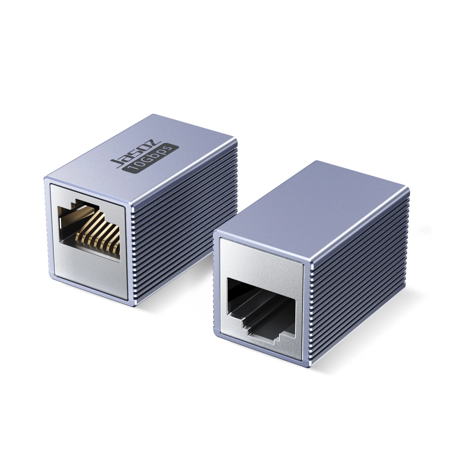 Đầu Nối Mạng CAT7 Jasoz T-G203 (1) Đầu nối mạng RJ45 cái-cái Jasoz T-G203 10Gbps vỏ hợp kim nhôm rãnh tản nhiệt — 2 góc cổng RJ45 và chân mạ vàng