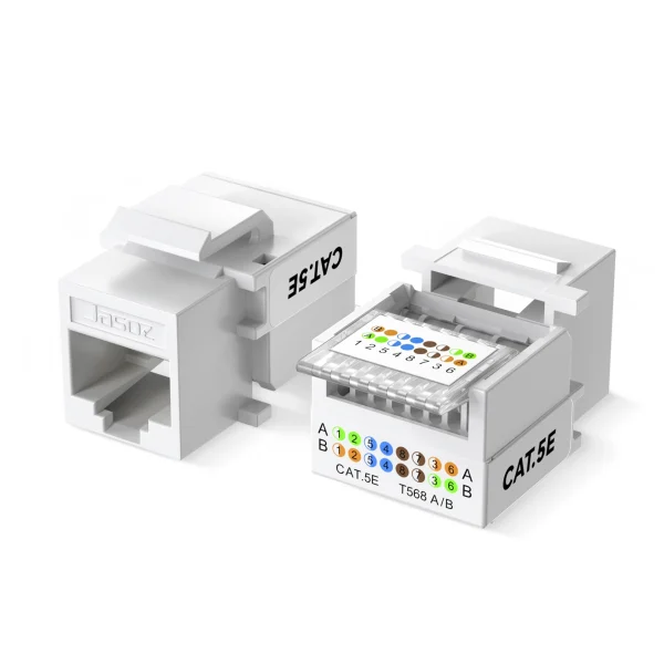 Hạt mạng âm tường Cat5E Jasoz T-E296 mở nắp lộ rãnh IDC, sticker hướng dẫn màu T568A/T568B in trên thân, vỏ PC trắng