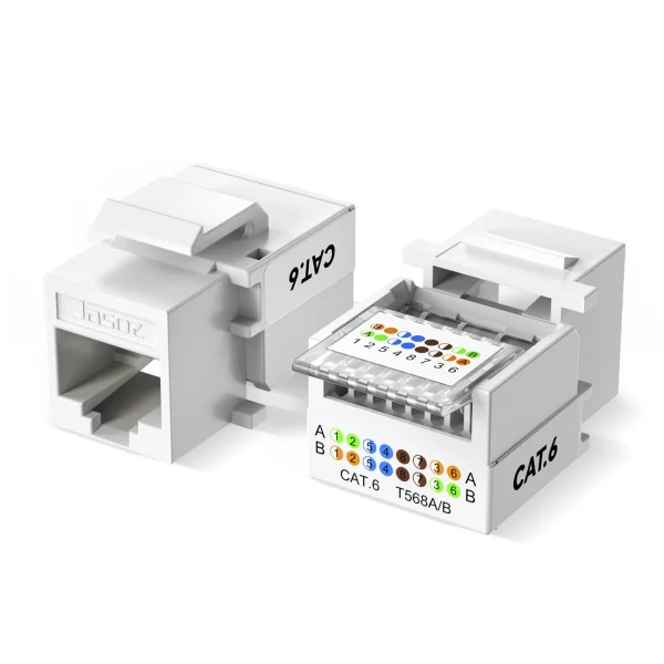 Nhân mạng RJ45 Cat6 Jasoz T-E297 mở nắp lộ rãnh IDC, sticker T568A/T568B in trên thân, nhãn CAT.6 vỏ trắng