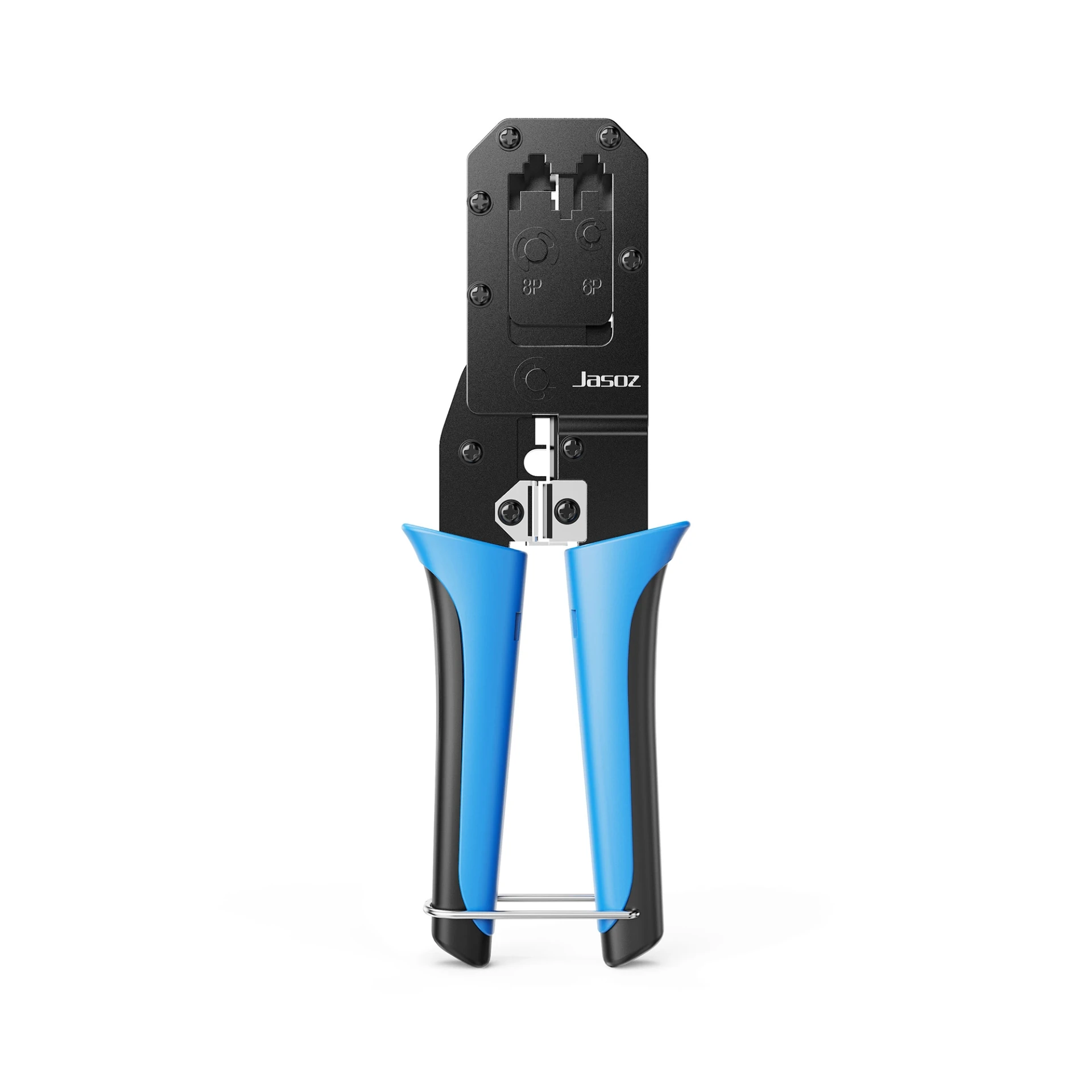 Kìm Bấm Mạng Đa Năng RJ45 RJ11 Jasoz T-E313 (1) Kìm bấm mạng Jasoz T-E313 nhìn chính diện — 2 khoang ép RJ45 8P và RJ11 6P, tay cầm TPE xanh chống trượt