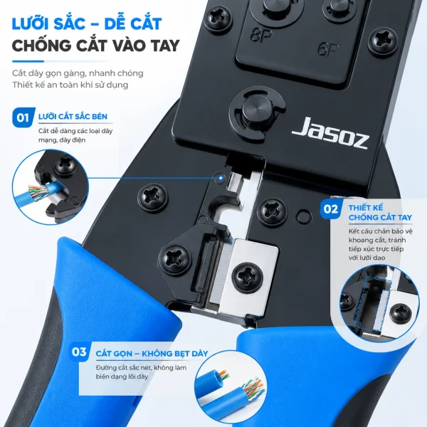 Kìm Bấm Mạng Đa Năng Jasoz T-E313 - RJ45/RJ11, Lưỡi Thép 420J2 2 Cận cảnh lưỡi cắt thép 420J2 và nắp chắn chống cắt tay của kìm bấm mạng Jasoz T-E313, độ cứng HRC khoảng 50–54