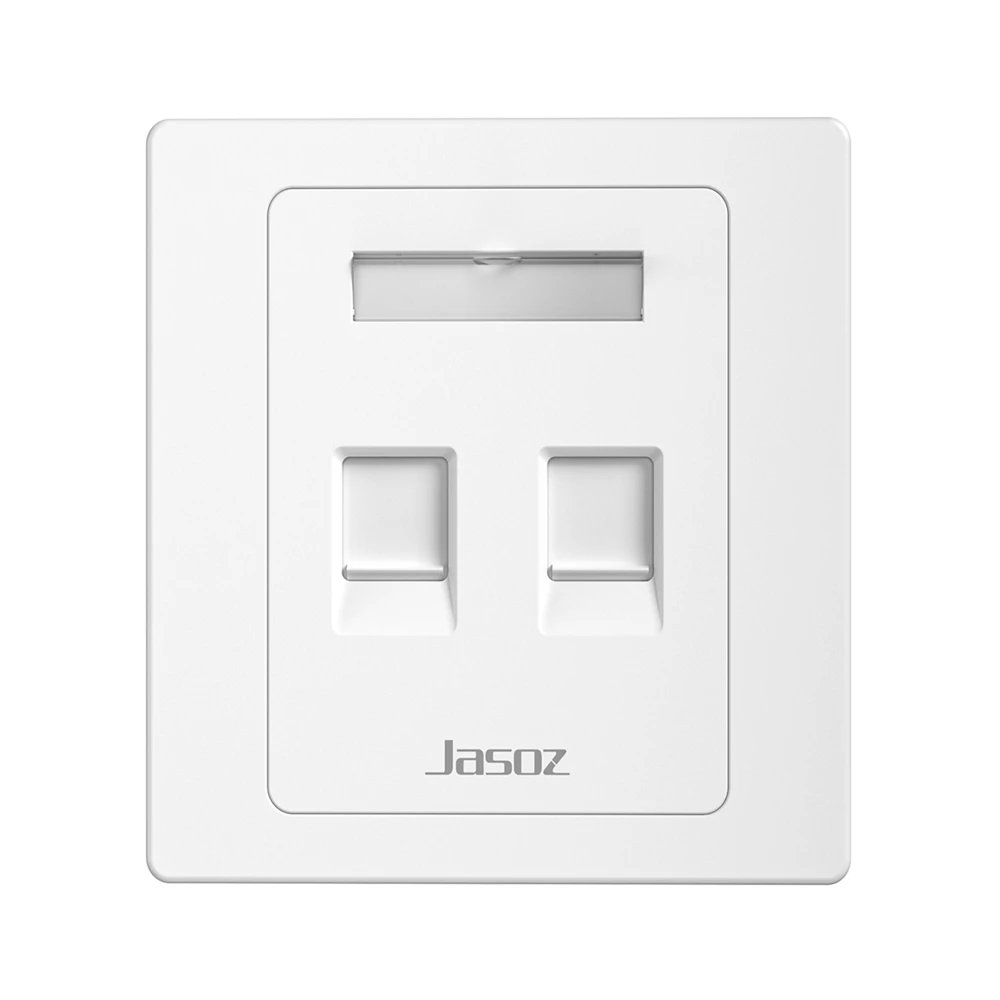 Mỗi khe keystone hoạt động độc lập về điện — tháo cắm 1 cổng không ảnh hưởng cổng còn lại đang truyền tín hiệu. Mặt nạ ổ mạng âm tường 2 cổng Jasoz T-E304 chuẩn vuông 86mm màu trắng nhám với 2 khe keystone trống đặt ngang chờ cắm hạt mạng
