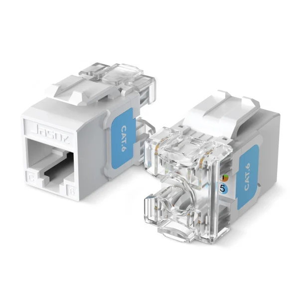 Hạt mạng RJ45 Cat6 thẳng 180° Jasoz T-E299 với Push Buckle + cable strain relief khóa cáp 2 lớp, nhãn CAT.6 xanh dương