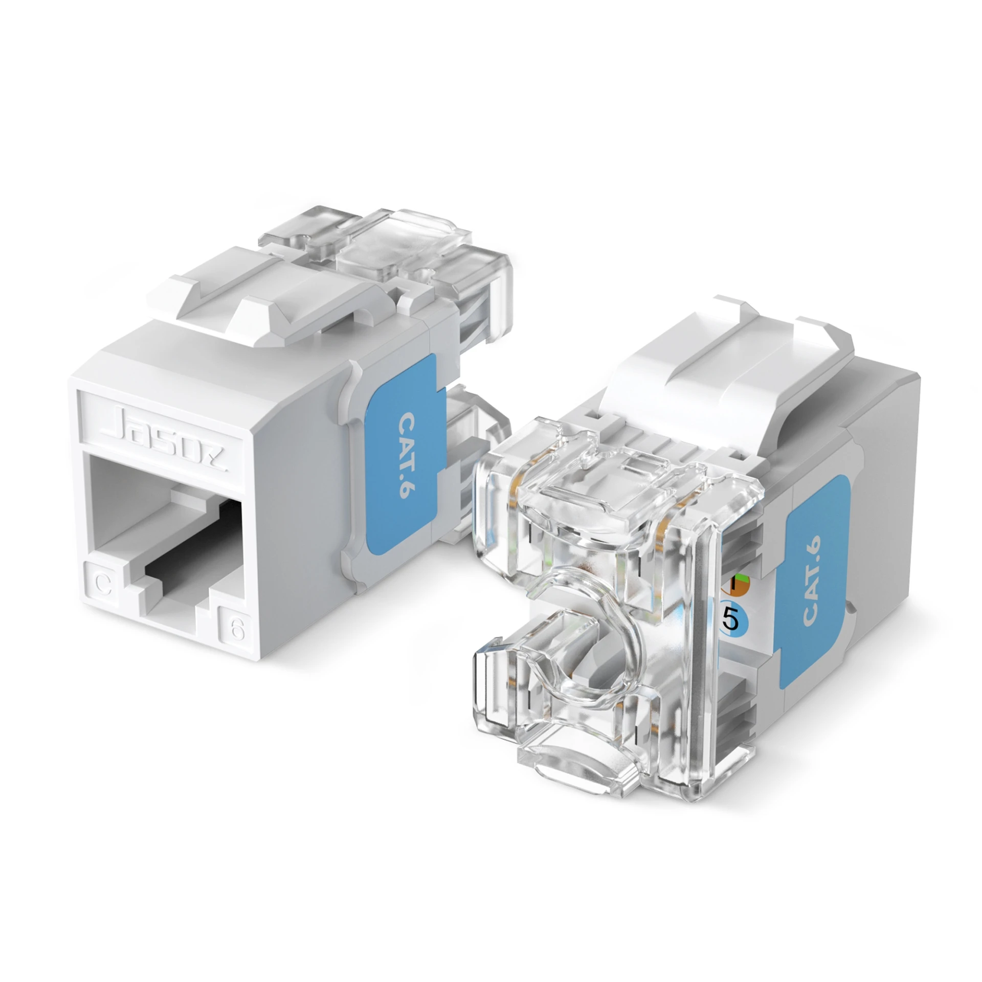 Hạt mạng RJ45 Cat6 thẳng 180° Jasoz T-E299 — Module keystone Cat6 có Push Buckle khóa cáp, hỗ trợ 10GbE Hạt mạng RJ45 Cat6 thẳng 180° Jasoz T-E299 với Push Buckle + cable strain relief khóa cáp 2 lớp, nhãn CAT.6 xanh dương