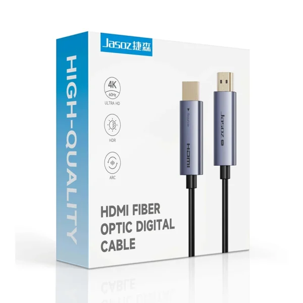 Hộp đóng gói cáp HDMI sợi quang Jasoz A146 chính hãng — logo Jasoz, in 4K 60Hz Ultra HD, HDR, ARC