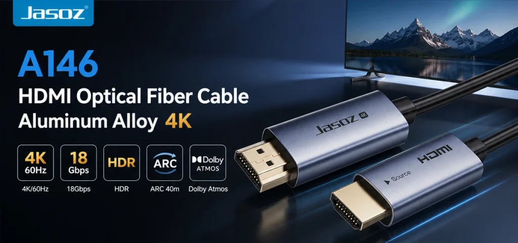 Banner thông số cáp HDMI Jasoz A146 — lõi sợi quang OM2, chip Macro Micro, ARC, Dolby Atmos, tương thích PS5 và TV 4K