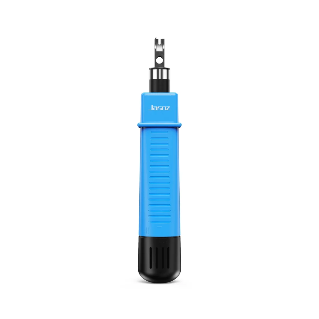 Tool Nhấn Mạng Âm Tường Jasoz T-E316 — Lưỡi 40Cr Xoay 90°, Lò Xo Trợ Lực, Nhấn Keystone Jack 6P/8P 2 Tool nhấn mạng Jasoz T-E316 nhìn chính diện — lưỡi blade 110-type hợp kim gắn sẵn, tay cầm ABS xanh chống trượt, điều chỉnh lực Hi/Lo