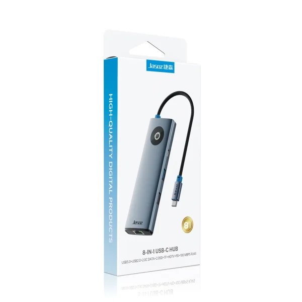 Vỏ hộp chính hãng Hub USB-C 8 trong 1 Jasoz T-H138 với đầy đủ 8 cổng kết nối