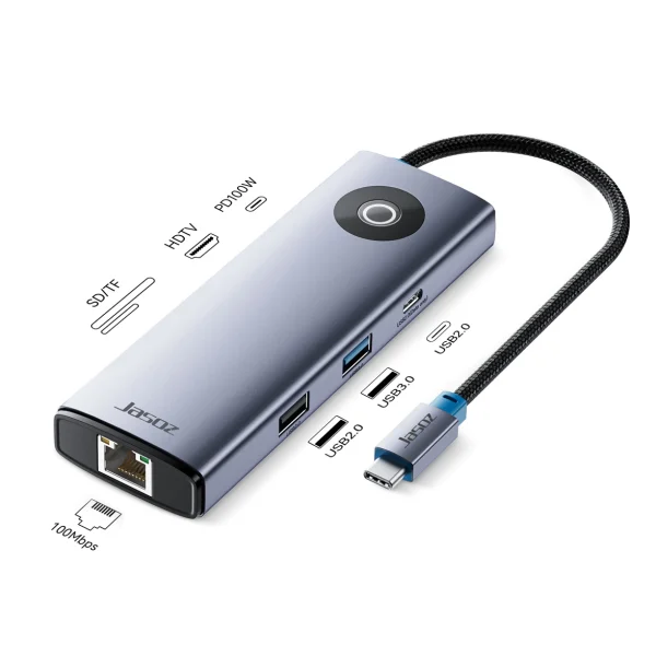 Hub USB-C 8 trong 1 Jasoz T-H138 với cổng HDMI RJ45 SD TF USB3.0 USB2.0 PD100W