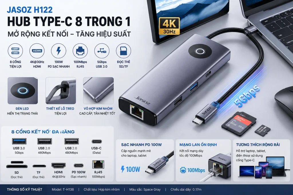 Hub USB-C 8 trong 1 Jasoz T-H138 HDMI RJ45 USB3.0 PD100W