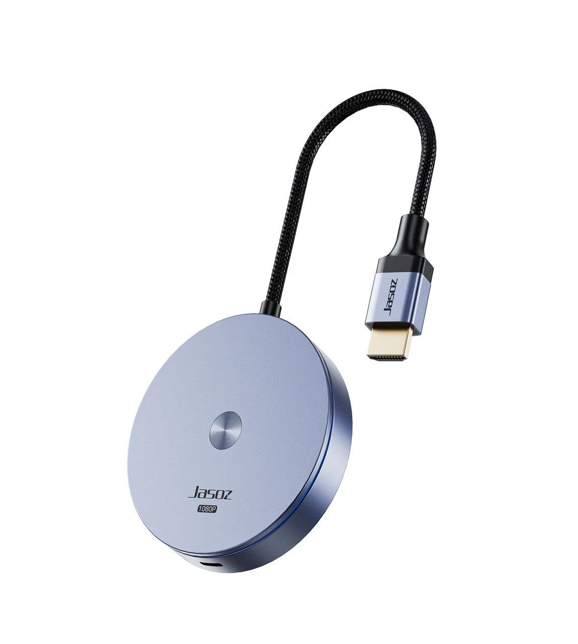 Bộ Phát HDMI Không Dây Jasoz T-G166 — Full HD 1080P Bộ phát HDMI không dây Jasoz T-G166 hình tròn màu xám bạc, cáp HDMI bện dù tích hợp, hỗ trợ Full HD 1080P